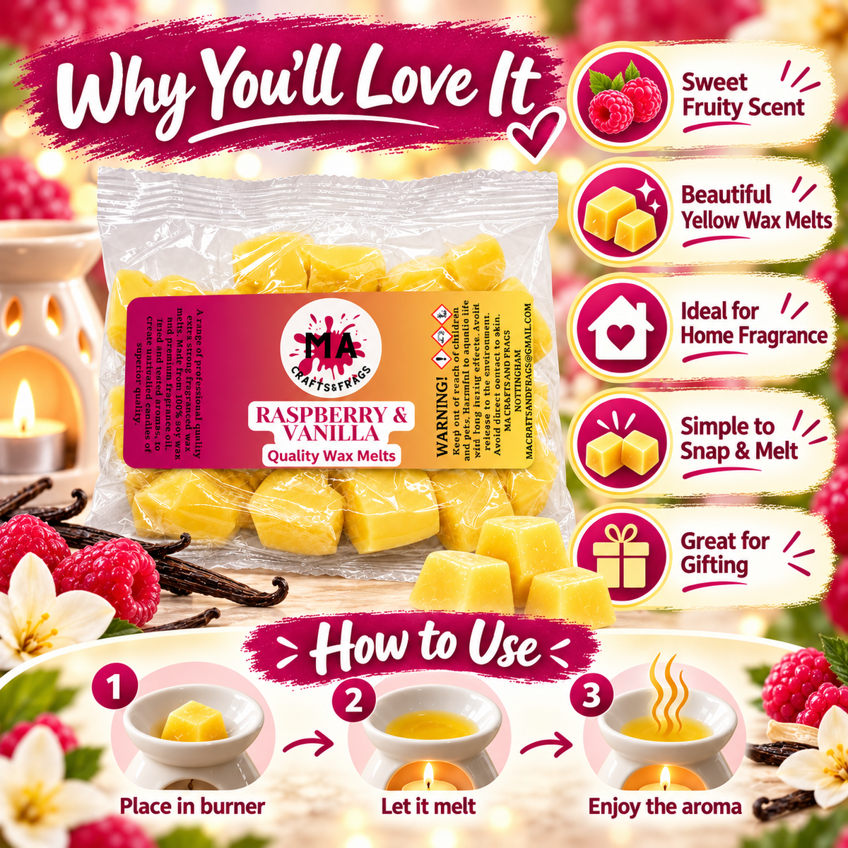 20 x Highly Scented Wax Melts Mini Hearts Many fragrances Designer Inspired (Raspberry & Vanilla)