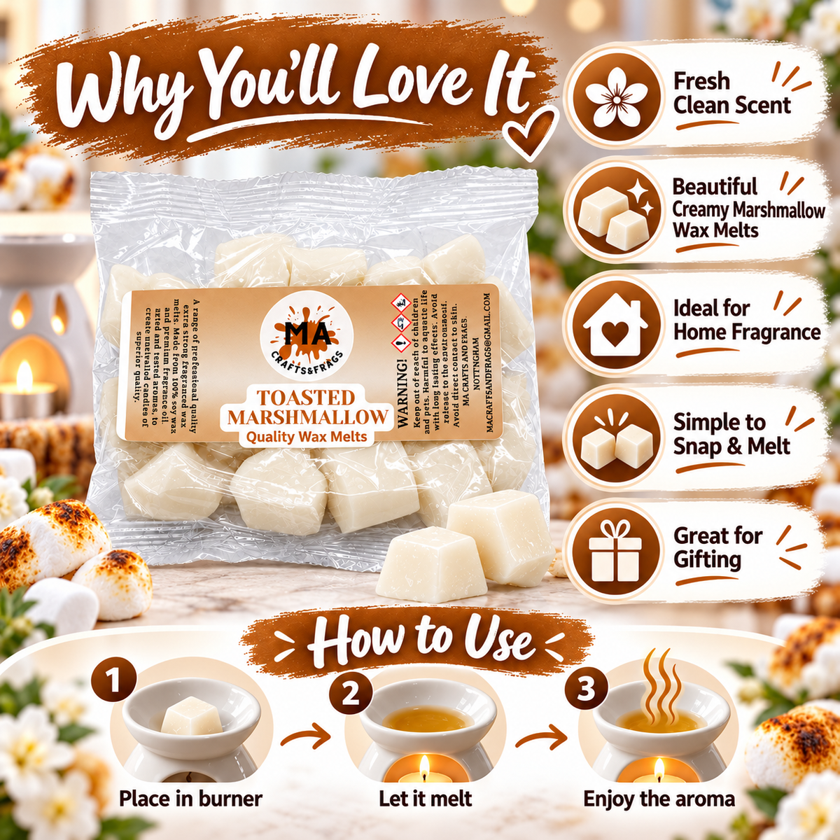 20 x Highly Scented Wax Melts Mini Hearts Many fragrances Designer Inspired (Toasted Marshmallow)