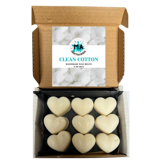 Clean Cotton Wax Melts - 9 Highly Scented Soy Wax Melts Hearts by MA CRAFTS & FRAGS Upto 50 Hours of Long Lasting Scents