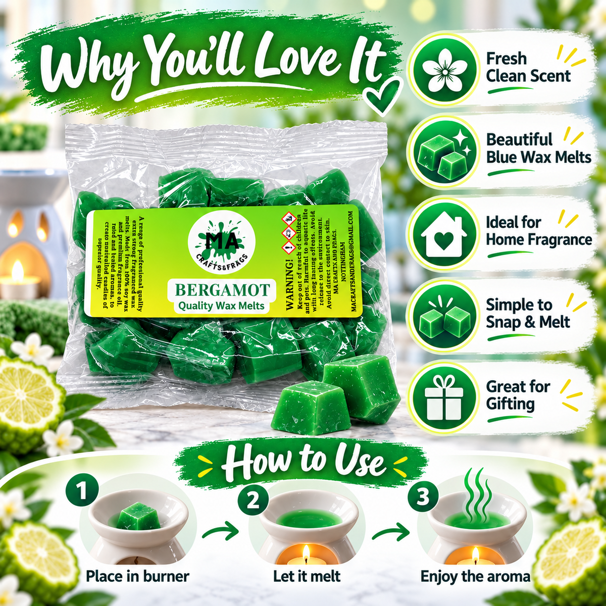 20 x Highly Scented Wax Melts Mini Hearts Many fragrances Designer Inspired (Bergamot)