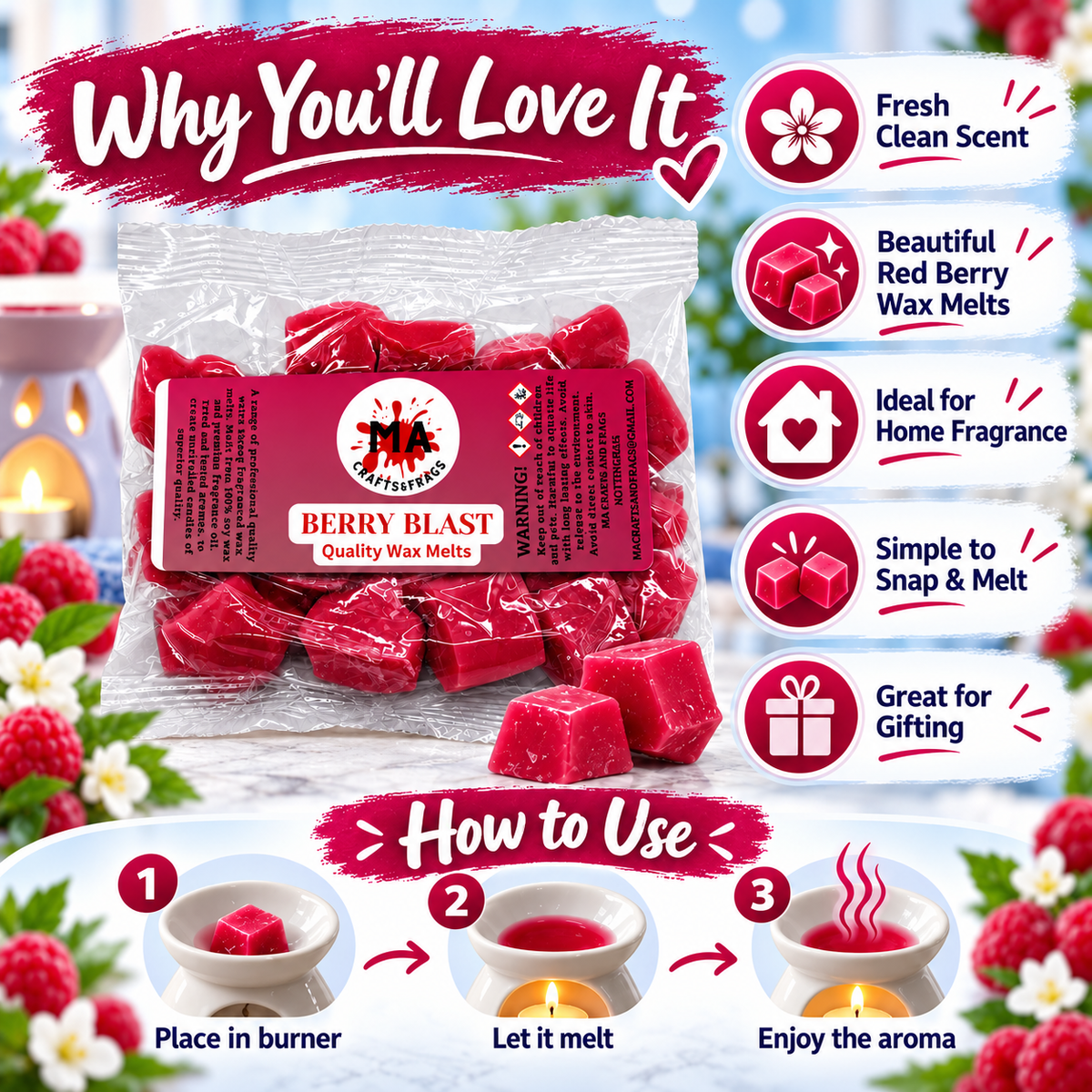 20 x Highly Scented Wax Melts Mini Hearts Many fragrances Designer Inspired (berry blast)