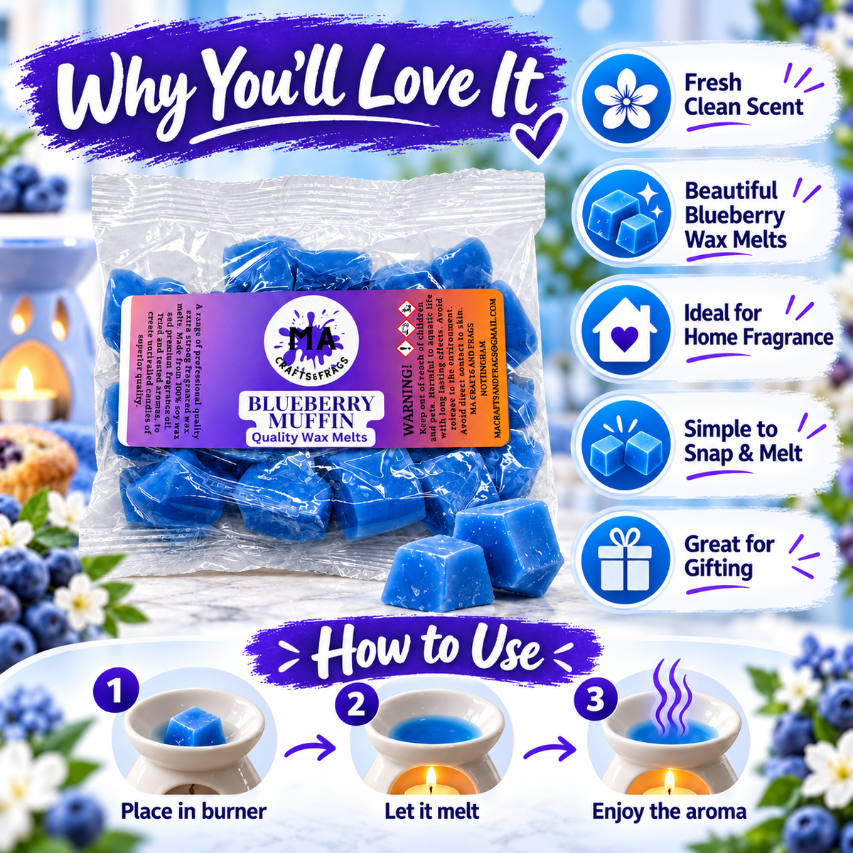 20 x Highly Scented Wax Melts Mini Hearts Many fragrances Designer Inspired (Blueberry Muffin)