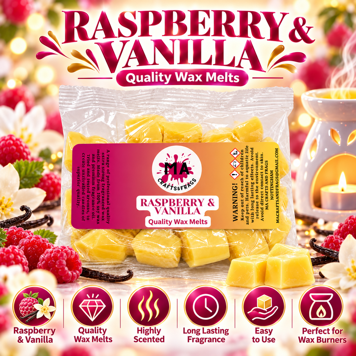 20 x Highly Scented Wax Melts Mini Hearts Many fragrances Designer Inspired (Raspberry & Vanilla)
