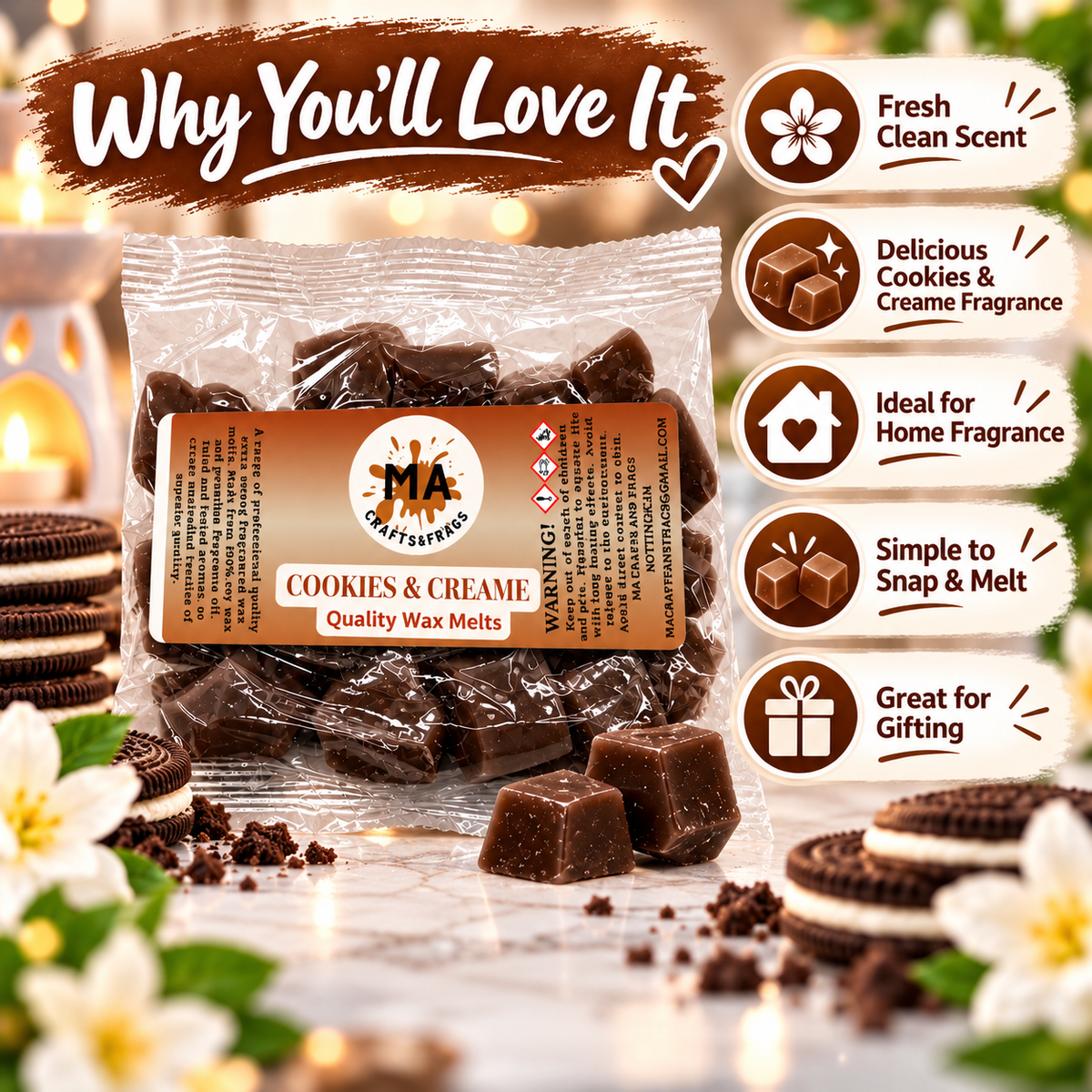 20 x Highly Scented Wax Melts Mini Hearts Many fragrances Designer Inspired (Cookies & Creame)