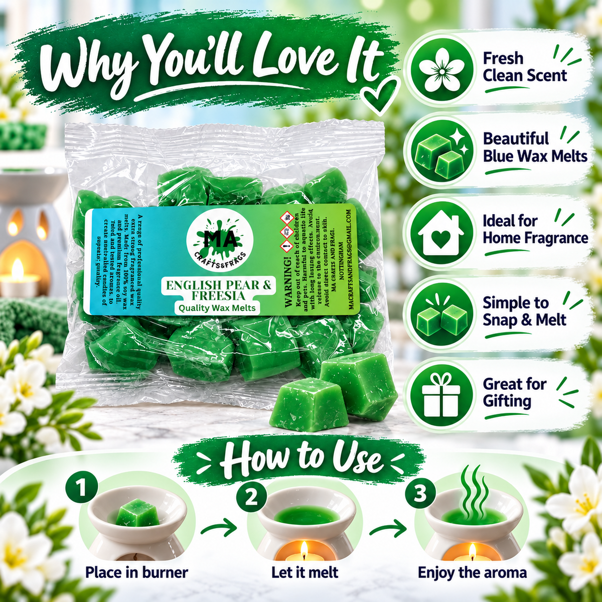 20 x Highly Scented Wax Melts Mini Hearts Many fragrances Designer Inspired (English Pear & Freesia)