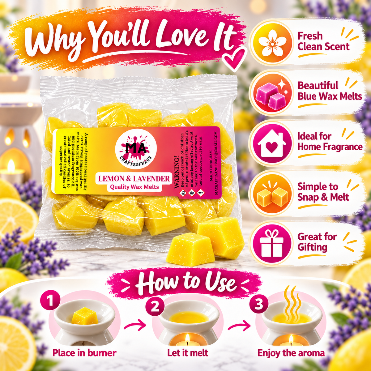 20 x Highly Scented Wax Melts Mini Hearts Many fragrances Designer Inspired (Lemon & Lavender)