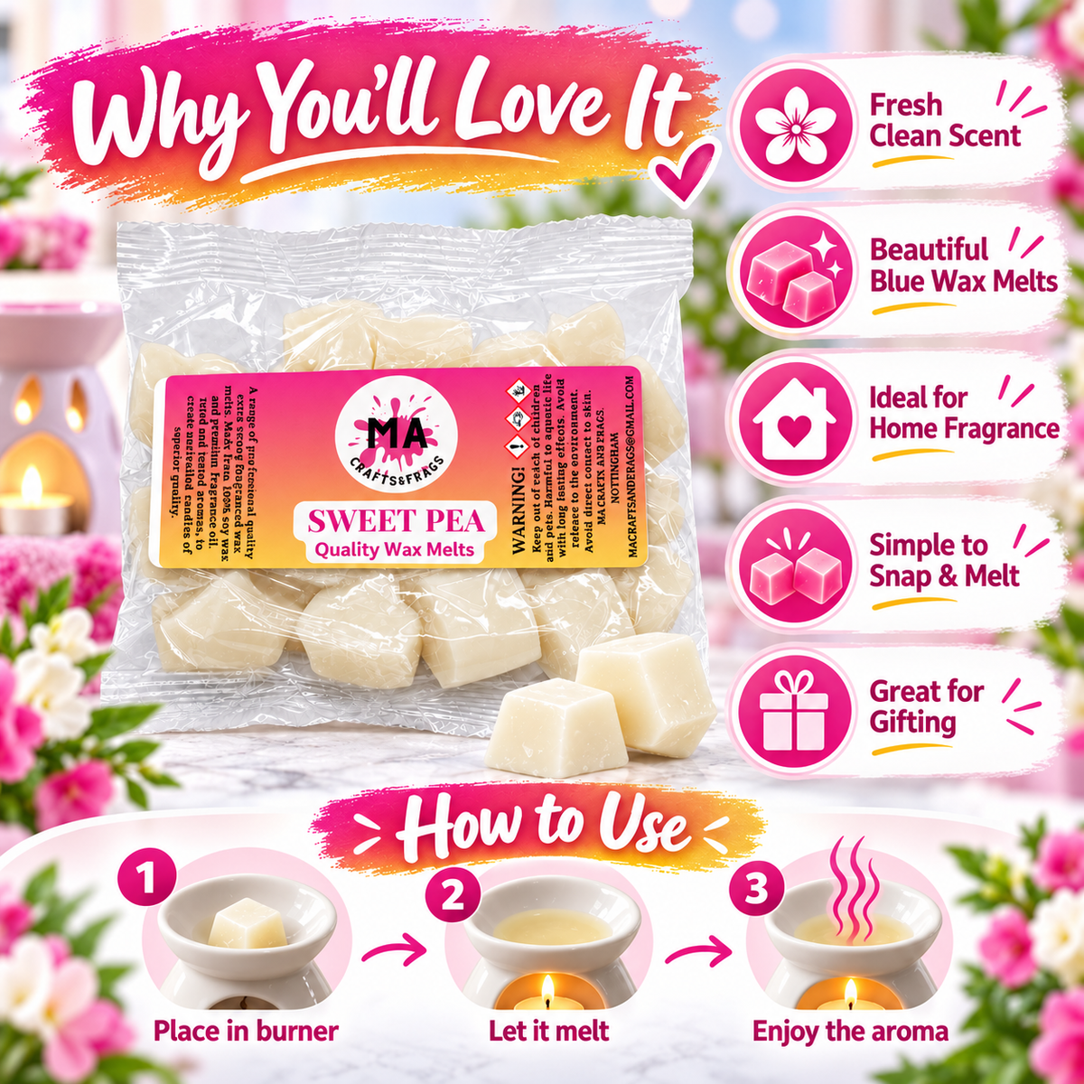 20 x Highly Scented Wax Melts Mini Hearts Many fragrances Designer Inspired (Sweet Pea)