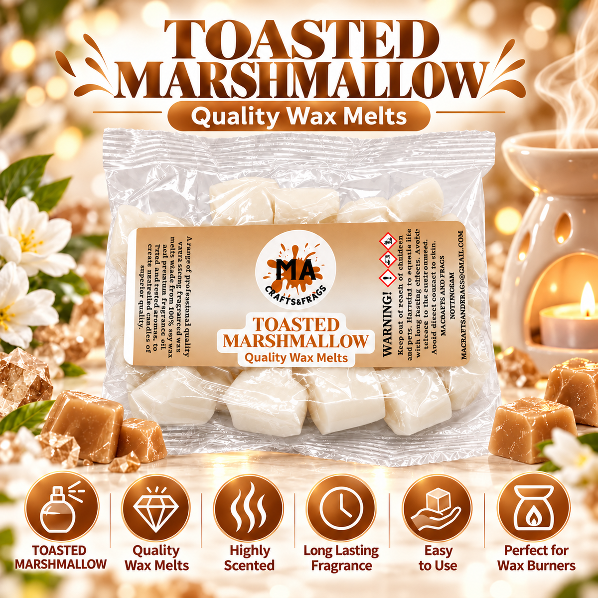 20 x Highly Scented Wax Melts Mini Hearts Many fragrances Designer Inspired (Toasted Marshmallow)