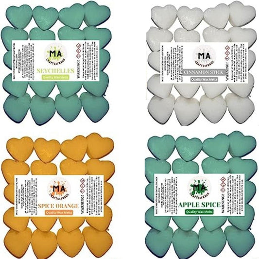 Scented wax melts mini hearts (Seychelles,Spice Orange.Apple Spice,cinnamon stick) scented soy wax melts for wax warmer Designer inspired for men Gift Box 4x 40g