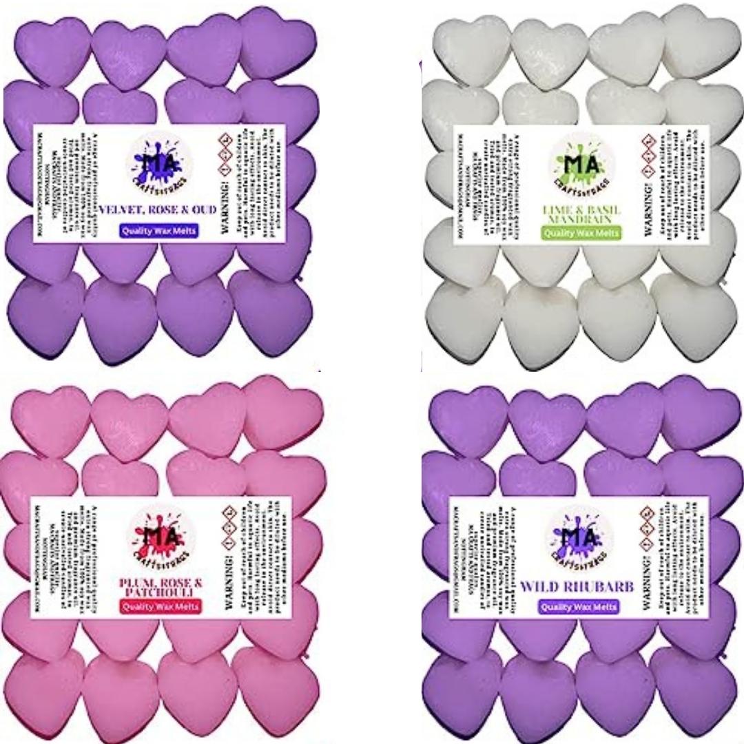 Scented wax melts mini hearts (wild rhubarb,velvet rose & oud,plum rose & patcholi,Lime & Basil Inspired) scented soy wax melts for wax warmer Designer inspired for men Gift Box 4x 40g