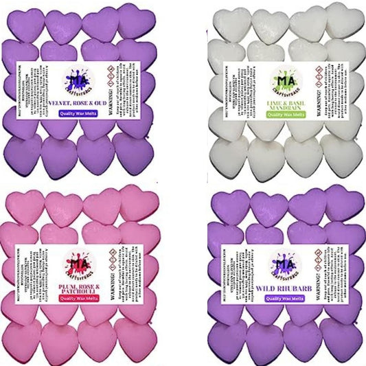 Scented wax melts mini hearts (wild rhubarb,velvet rose & oud,plum rose & patcholi,Lime & Basil Inspired) scented soy wax melts for wax warmer Designer inspired for men Gift Box 4x 40g
