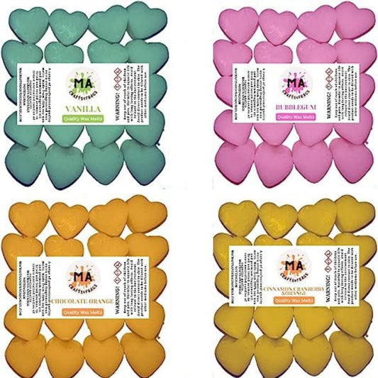 Scented wax melts mini hearts (Chocolate Orange,Cinnamon Cran & Orange,Vanilla,BubbleGum) scented soy wax melts for wax warmer Designer inspired for men Gift Box 4x 40g