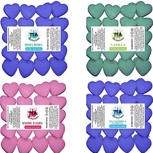 Scented wax melts mini hearts (Vanilla,Snow Fairy,Blueberry & Vanilla,Bora Bora) scented soy wax melts for wax warmer Designer inspired for men Gift Box 4x 40g