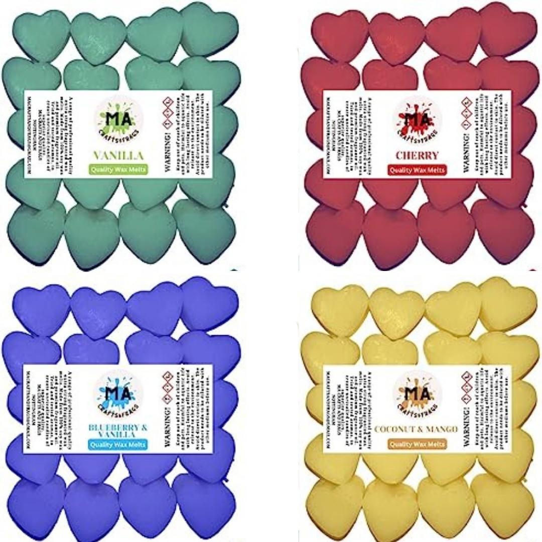 Scented wax melts mini hearts (blueberry and vanilla,Cherry,Coconut & Mango,vanilla) scented soy wax melts for wax warmer Designer inspired for men Gift Box 4x 40g