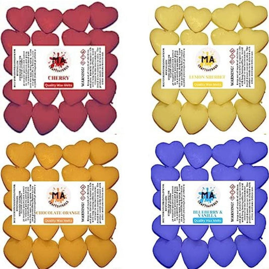 Scented wax melts mini hearts (chocolate orange,cherry,blueberry & vanilla,Lemon Sherbet) scented soy wax melts for wax warmer Designer inspired for men Gift Box 4x 40g