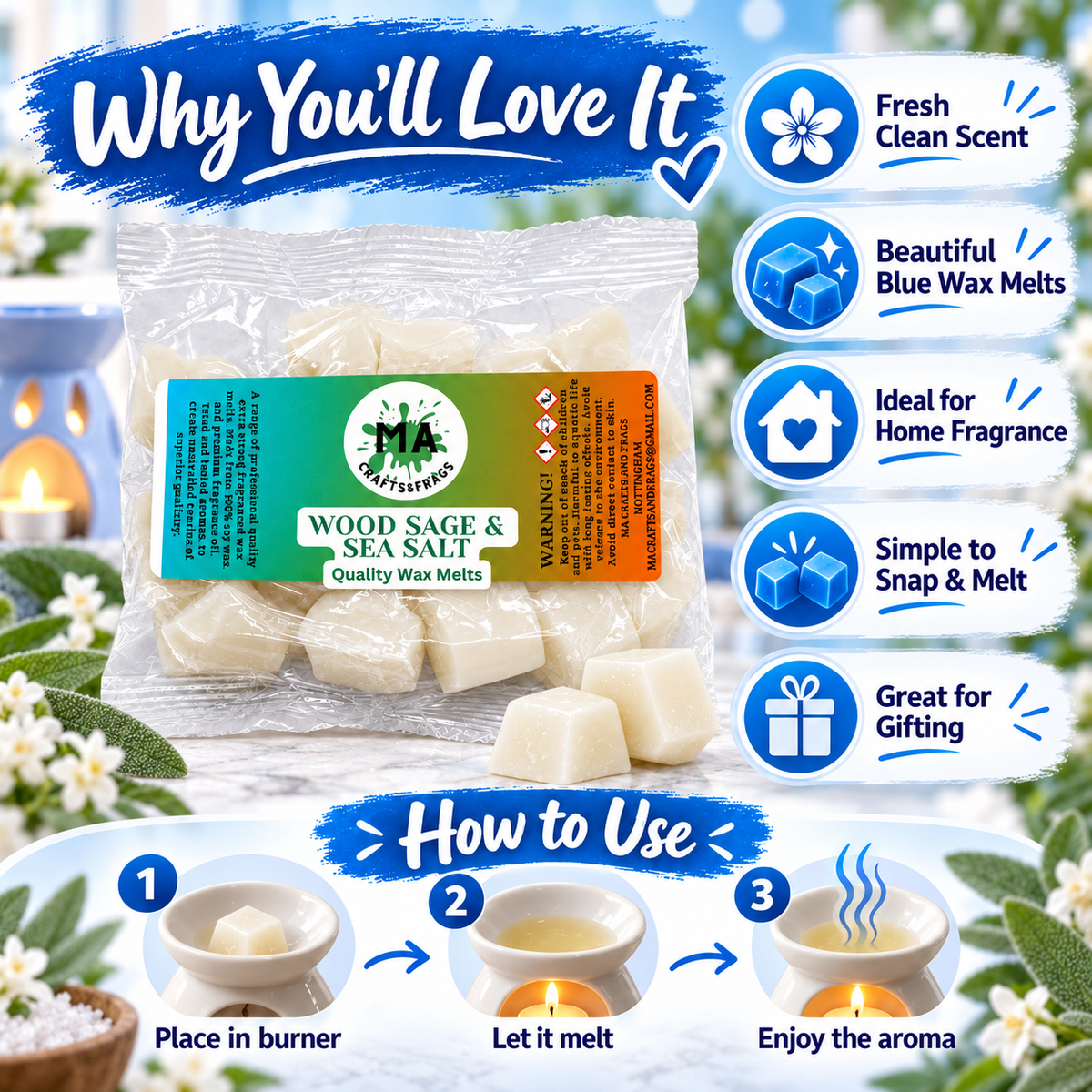 20 x Highly Scented Wax Melts Mini Hearts Many fragrances Designer Inspired (Wood sage & sea salt)