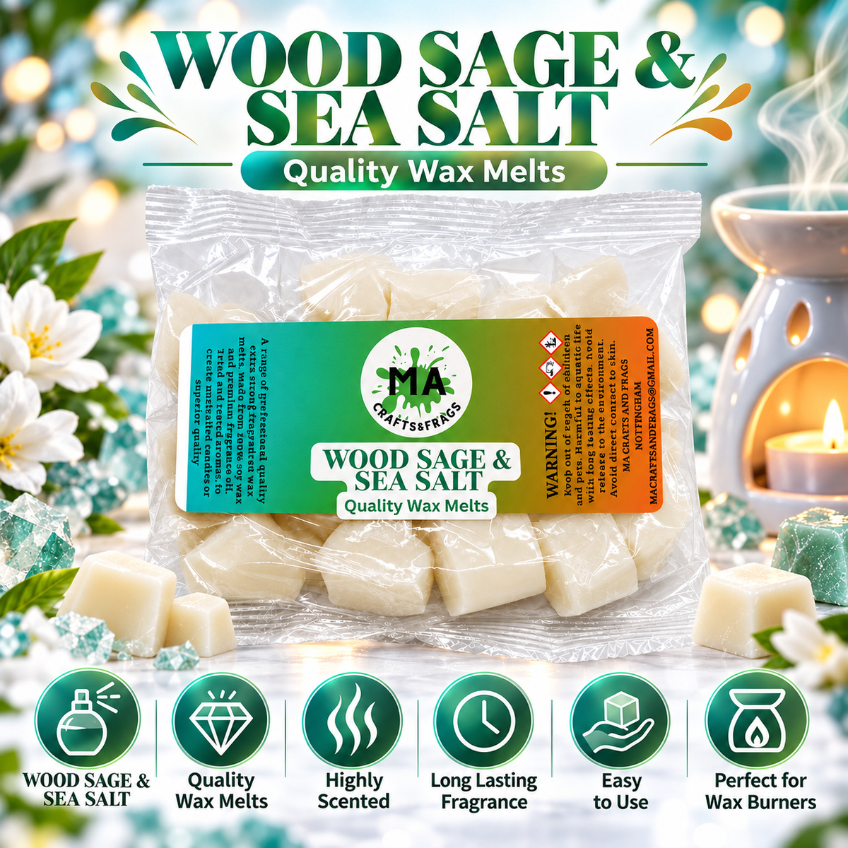 20 x Highly Scented Wax Melts Mini Hearts Many fragrances Designer Inspired (Wood sage & sea salt)